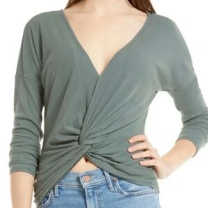 Vici Collection Sage Green Surplice V Neck Twist Front Faux Wrap Knit Top Size S